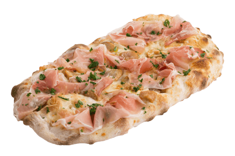 Pinsa romana topped with prosciutto, mushrooms and fresh parsley