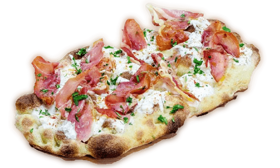 Pinsa romana with burrata, prosciutto and cherry tomato